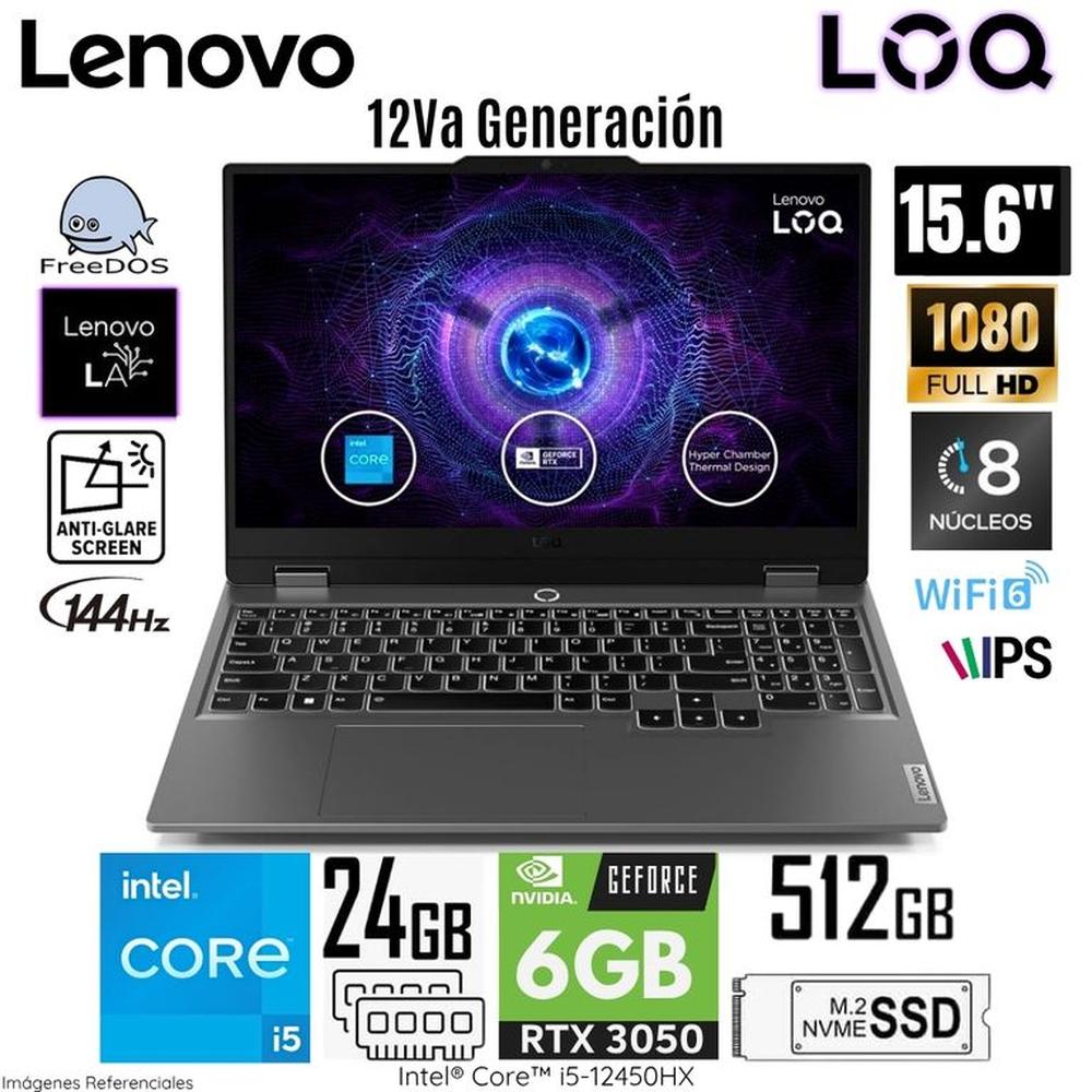 Laptop Lenovo LOQ Intel Core i5-12450HX 24GB RAM 512GB SSD 15.6 FHD RTX 3050 83GS00EQLM - Free Dos