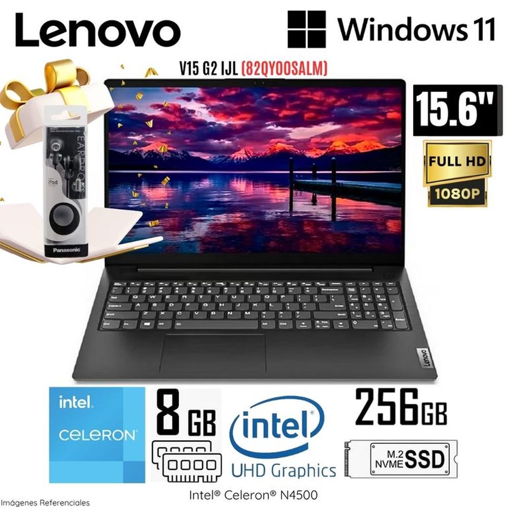 Laptop Lenovo V15 G2 IJL Intel Celeron N4500 8GB RAM 256GB SSD 15.6 FHD 82QY00SALM más Regalo