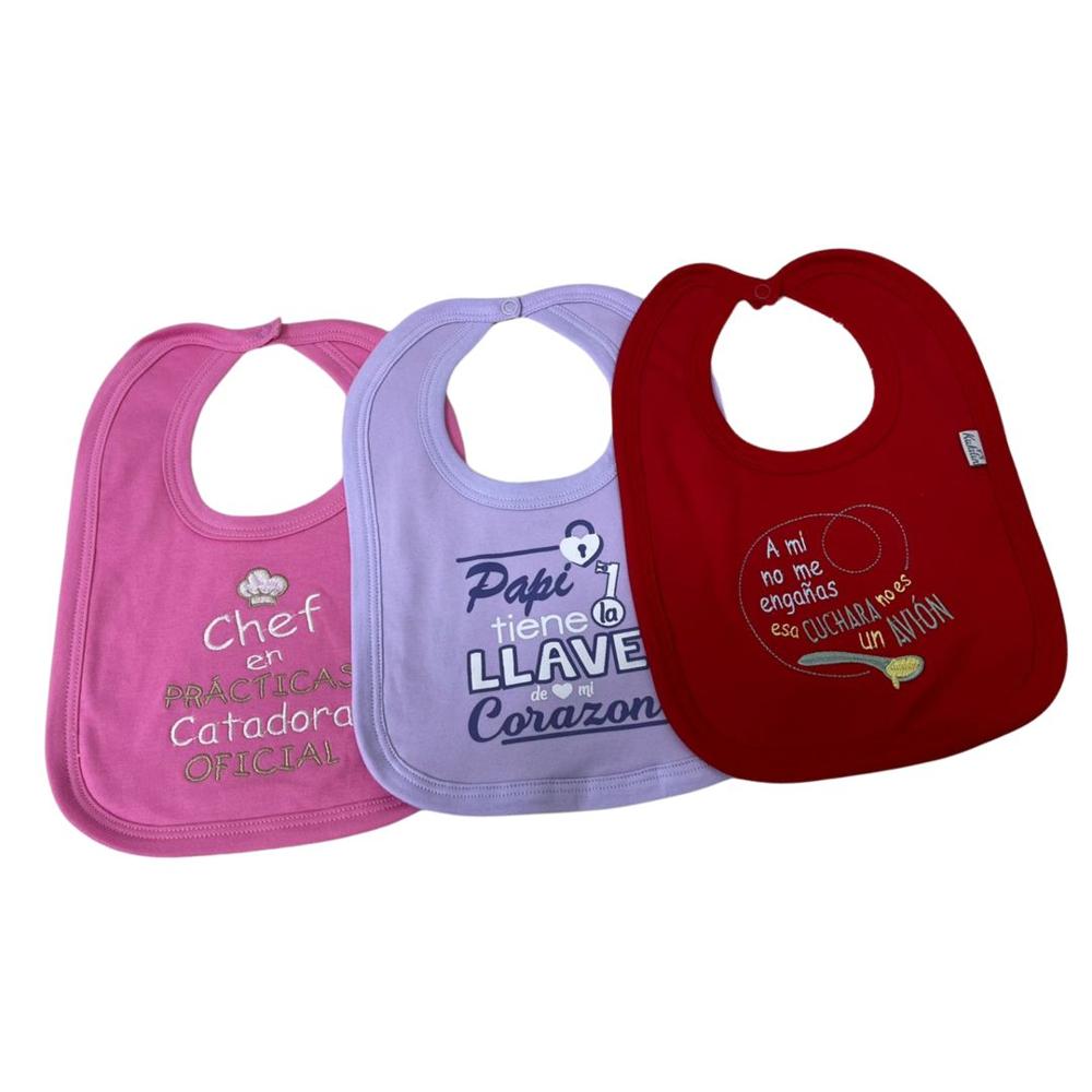 PACK 3 BABERO CON FRASE DE ALGODON NIÑA