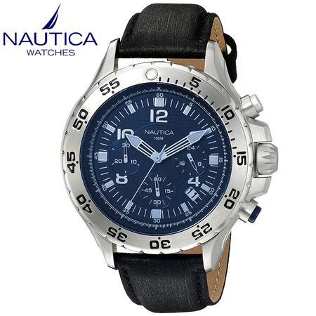 Reloj Nautica NST NAD19536G Cronometro Acero Inoxidable Correa de Cuero Negro Azul Reloj Nautica NST NAD19536G Fecha Cronometro Acero Inoxidable Correa de Cuero Negro