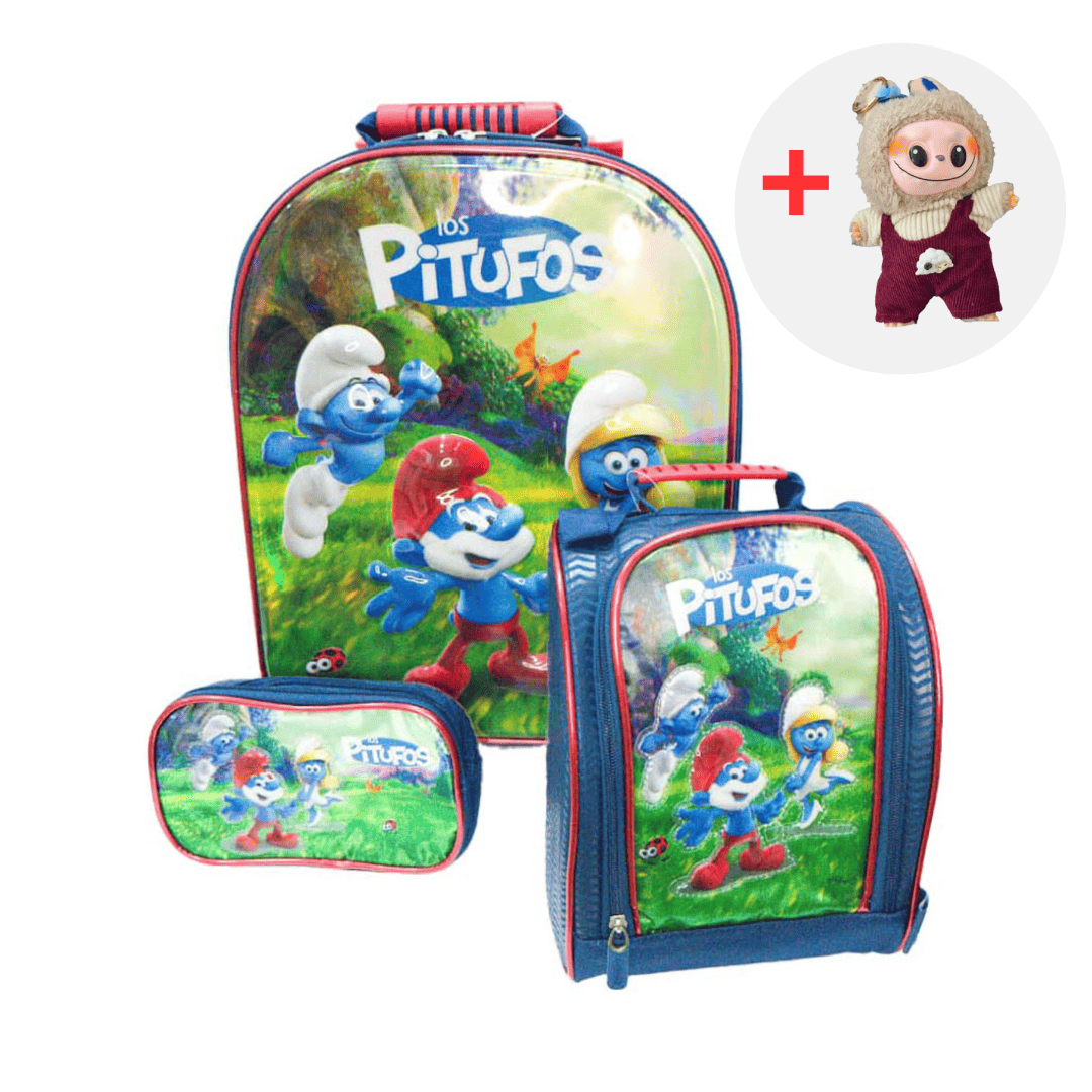 SET MOCHILA ESCOLAR LOS PITUFOS CON LABUBU