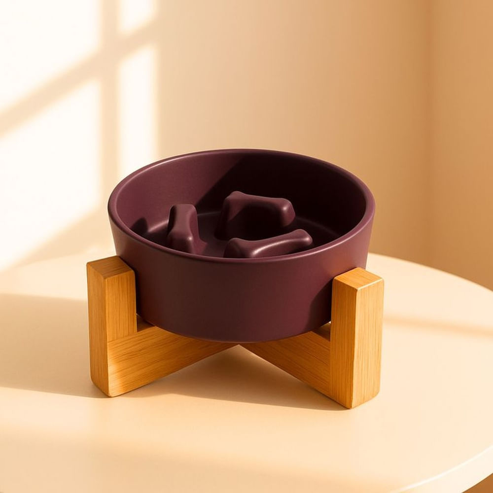 PetFeast Plato de Cerámica con Base de Madera para Mascotas