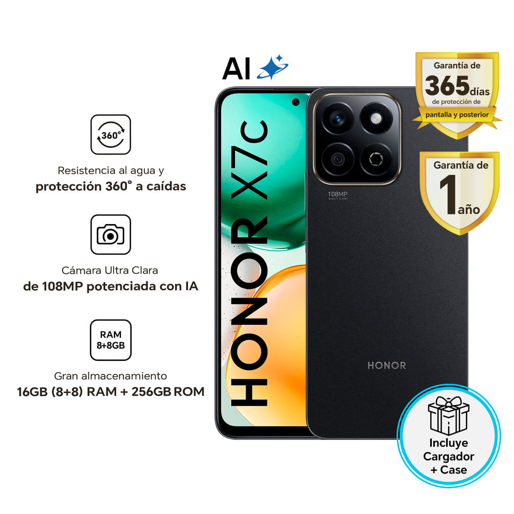 Celular 4G Honor X7C 256GB 8GB 108MP Midnight Black
