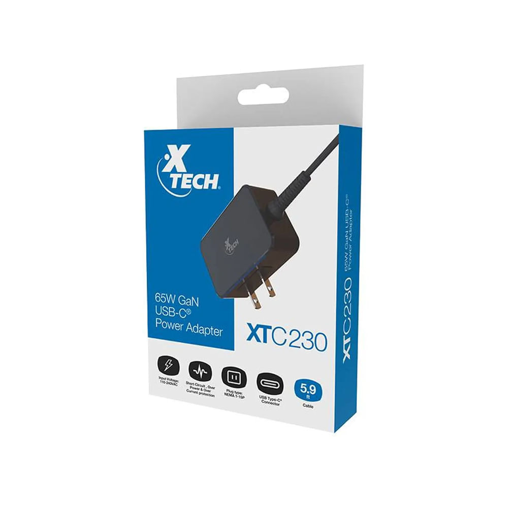 Cargador USB-C Xtech 65W GaN compatible con 110240V 5.9ft de cable potente y ligero.