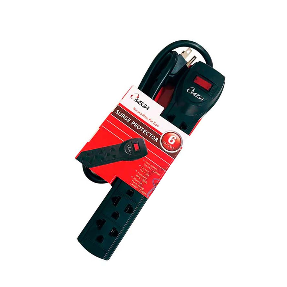 Supresor de Picos Omega 492423BK con 6 Tomas 220V para Protección de Equipos Electrónicos