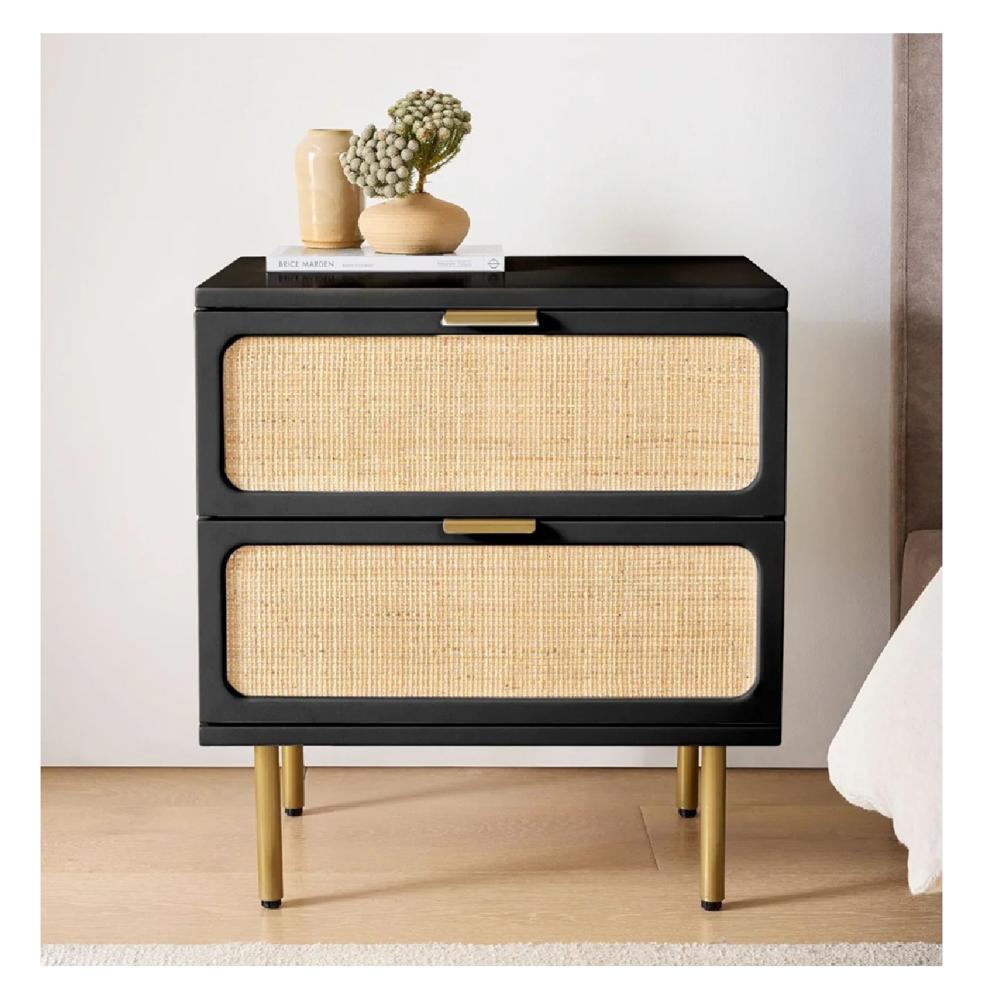 Velador Mesa de Noche Abigail con Ratán color Negro 2 cajones TU MESITA