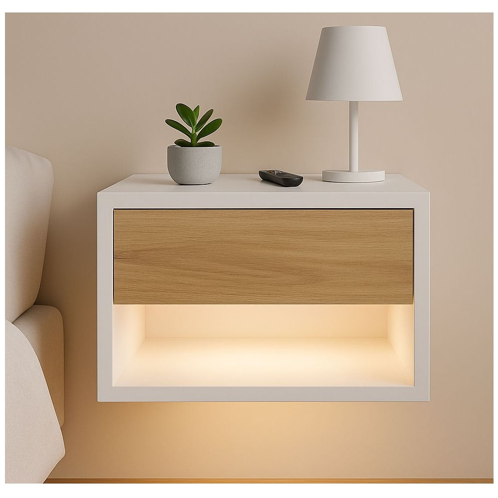 Velador Flotante Organic con Luz 1 Cajón Blanco/Rovere TU MESITA