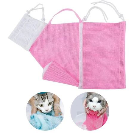 BOLSA DE ASEO DE MALLA PARA GATOS ROSADA Y BLANCO.