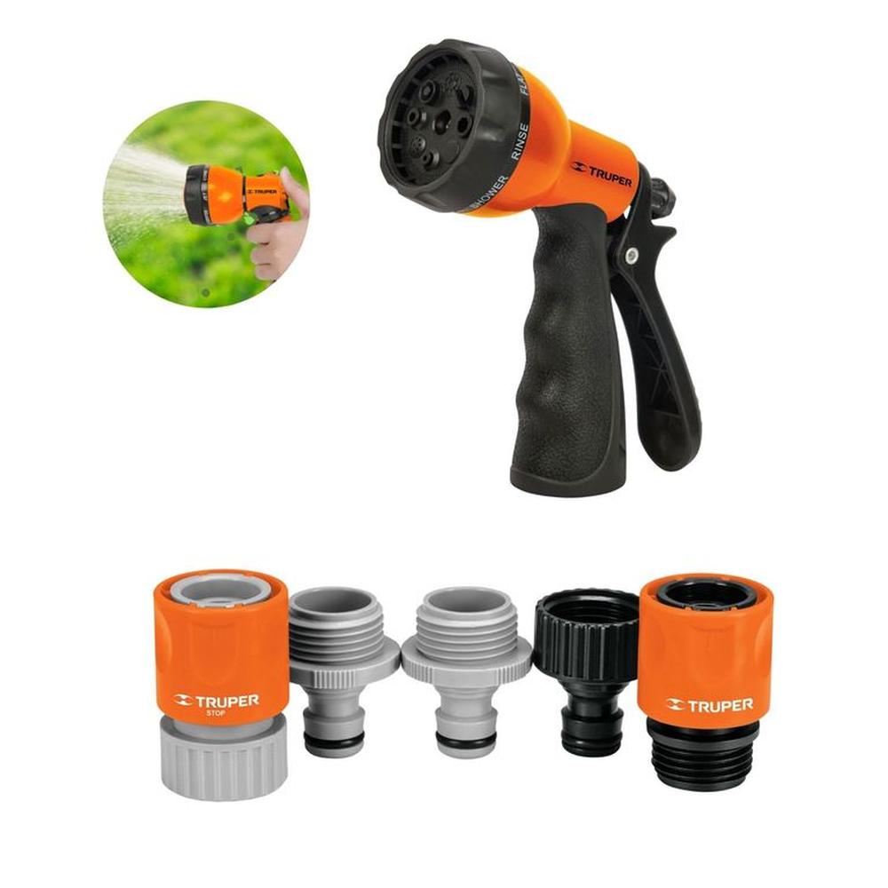 kit pistola de riego 8 funciones 5 conectores rapidos clik Truper