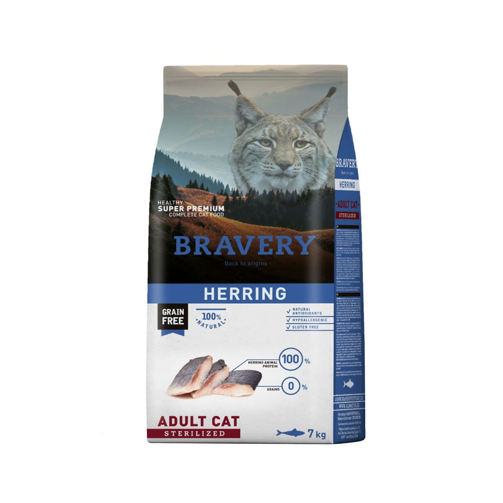 Alimento Bravery Herring Gatos Adultos Esterilizados 7Kg