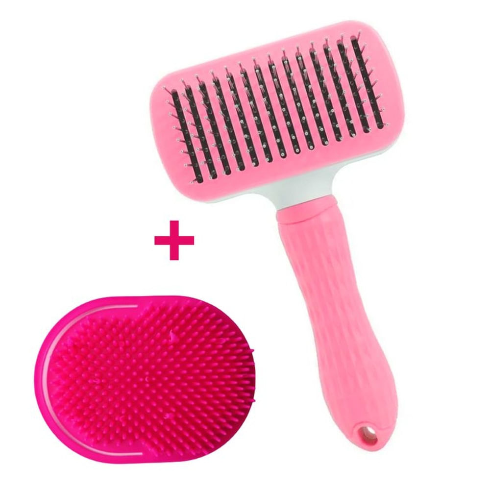 PACK CEPILLO PARA MASCOTA - BOTON ERGONOMICO CUADRADO ROSADO