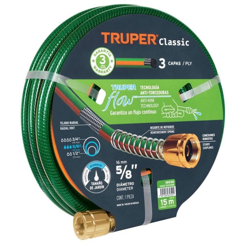 Manguera de riego 5/8" reforzada 3 capas 15 m conexiones de metal