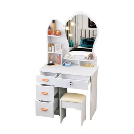 Tocador de Maquillaje Estilo Princesa con Asiento y Espejo Grande | Blanco