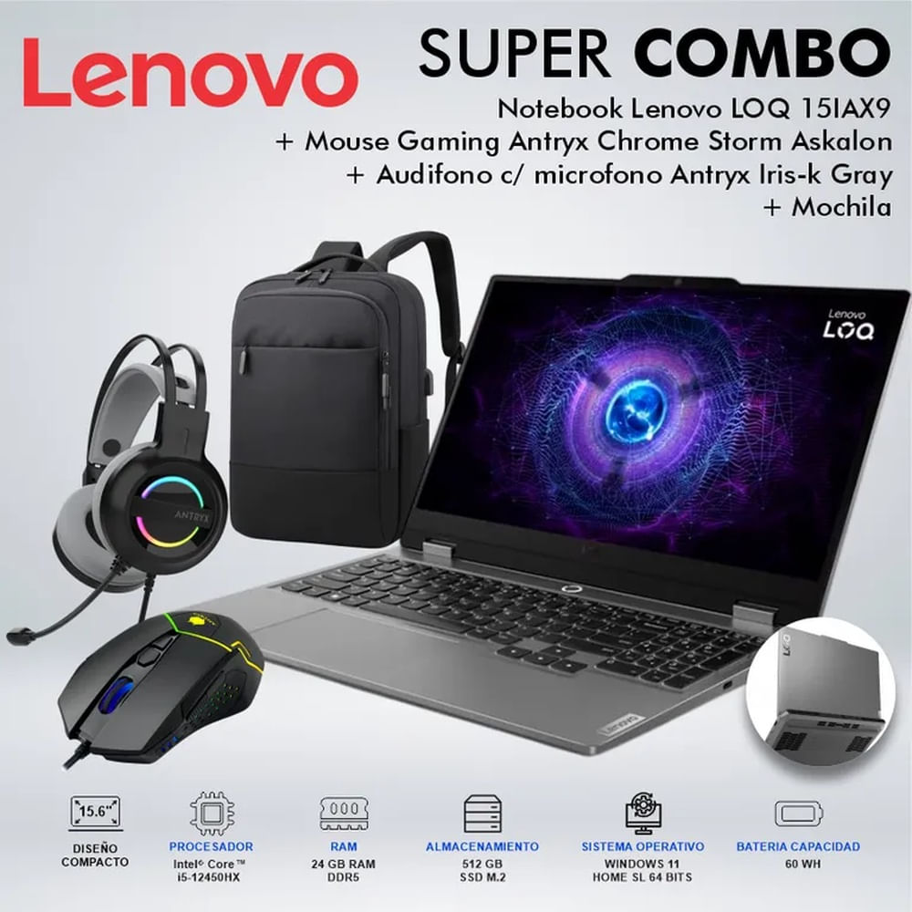 LAPTOP LENOVO LOQ 15IAX9 CORE i5-12450HX MEMORIA 24GB DISCO 512GB SSD M2