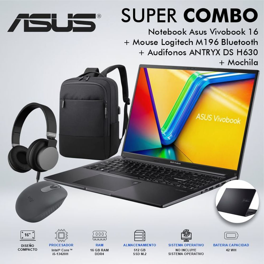LAPTOP ASUS VIVOBOOK 16 INTEL CORE I5-13420H MEMORIA 16GB DISCO 512 GB