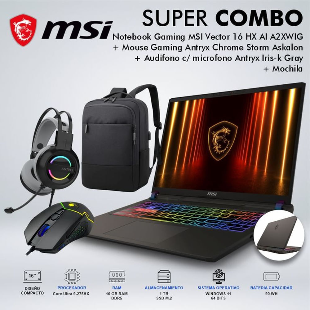 LAPTOP GAMING MSI VECTOR 16 HX AI A2XWIG CORE ULTRA 9-275HX MEMORIA 16GB DISCO 1TB
