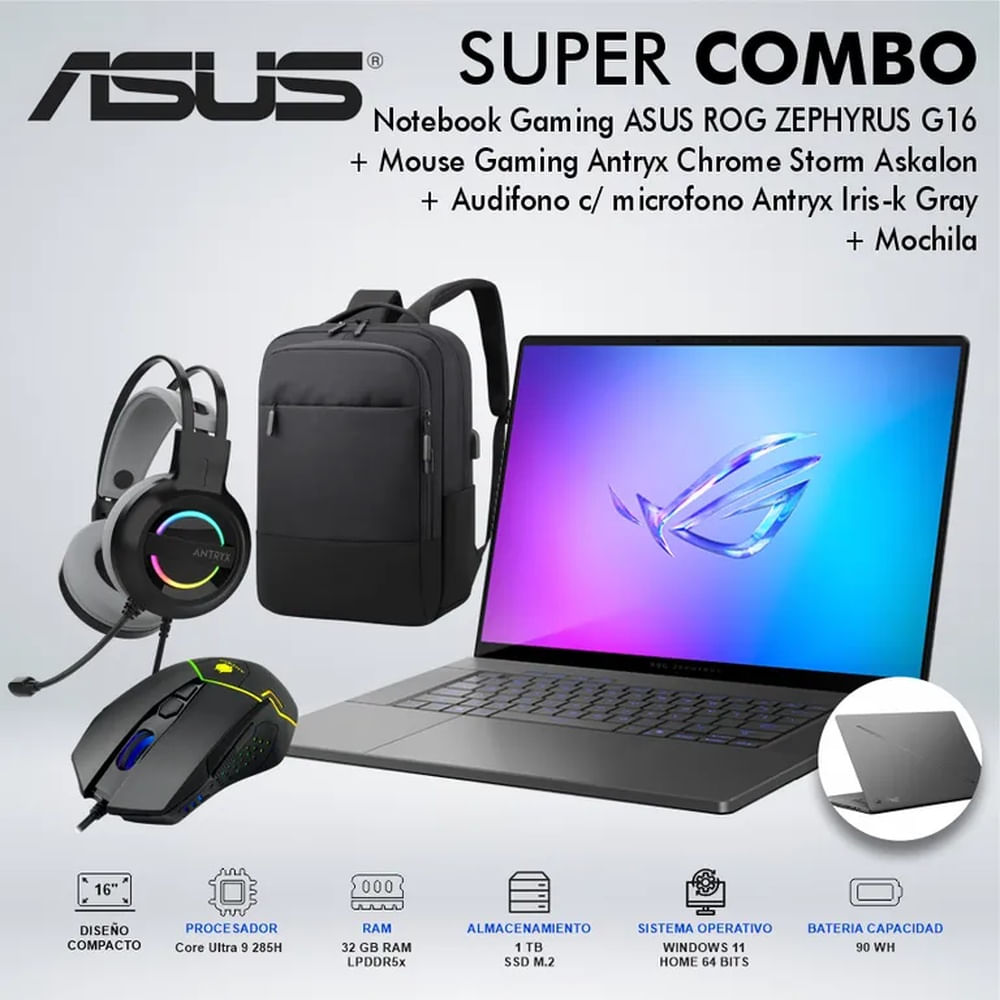 LAPTOP GAMING ASUS ROG ZEPHYRUS G16 CORE ULTRA 9 285H MEMORIA 32GB DISCO 1TB