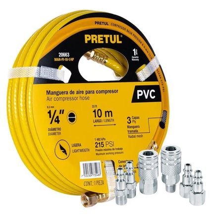 Kit Manguera de aire para compresor, 10m Pretul, 6 conectores rápidos.