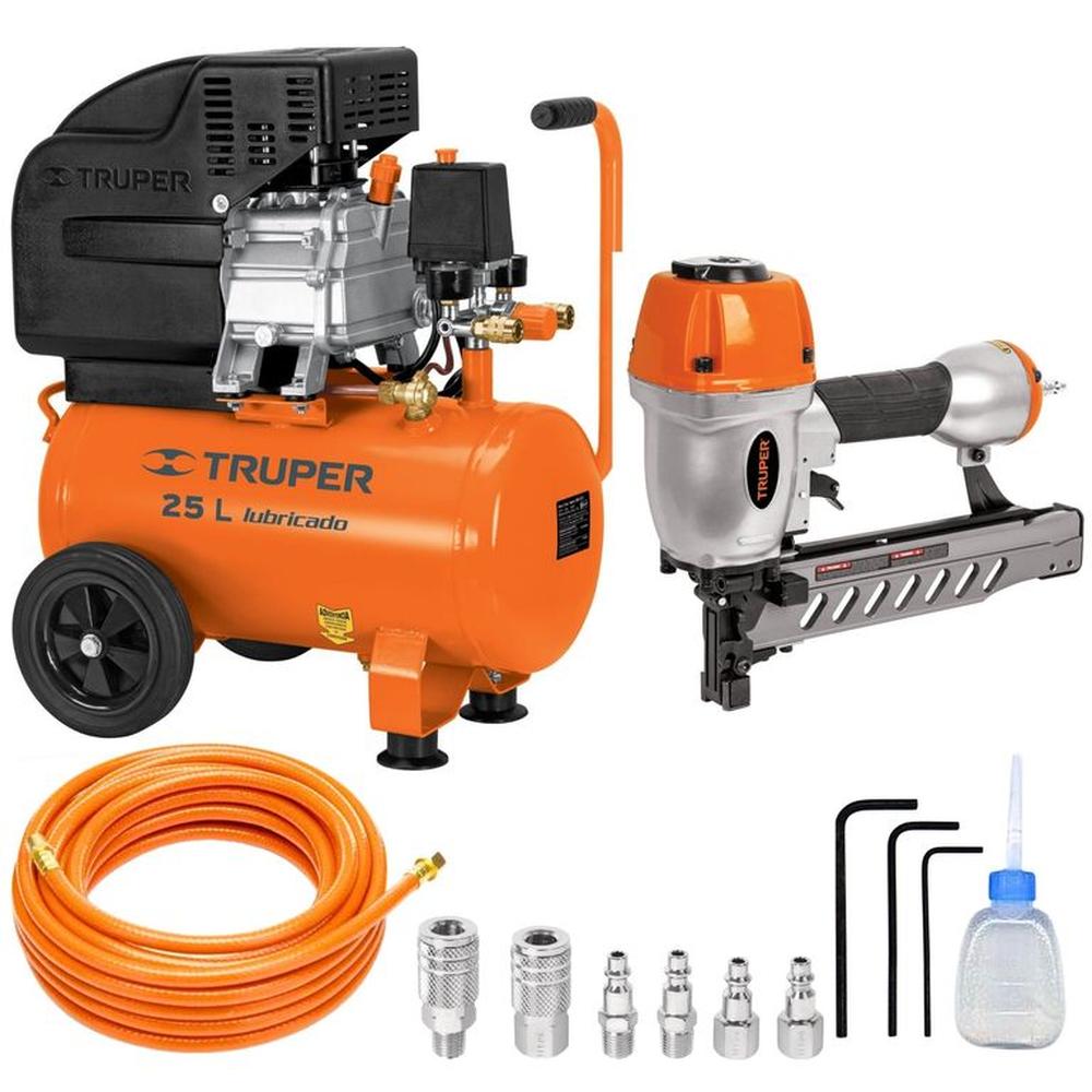 kit Compresor de aire 25L, Clavadora calibre 16, manguera de aire 5 m