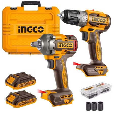 COMBO TALADRO INALAMBRICO 20 BRUSHLESS + LLAVE DE IMPACTO  INGCO