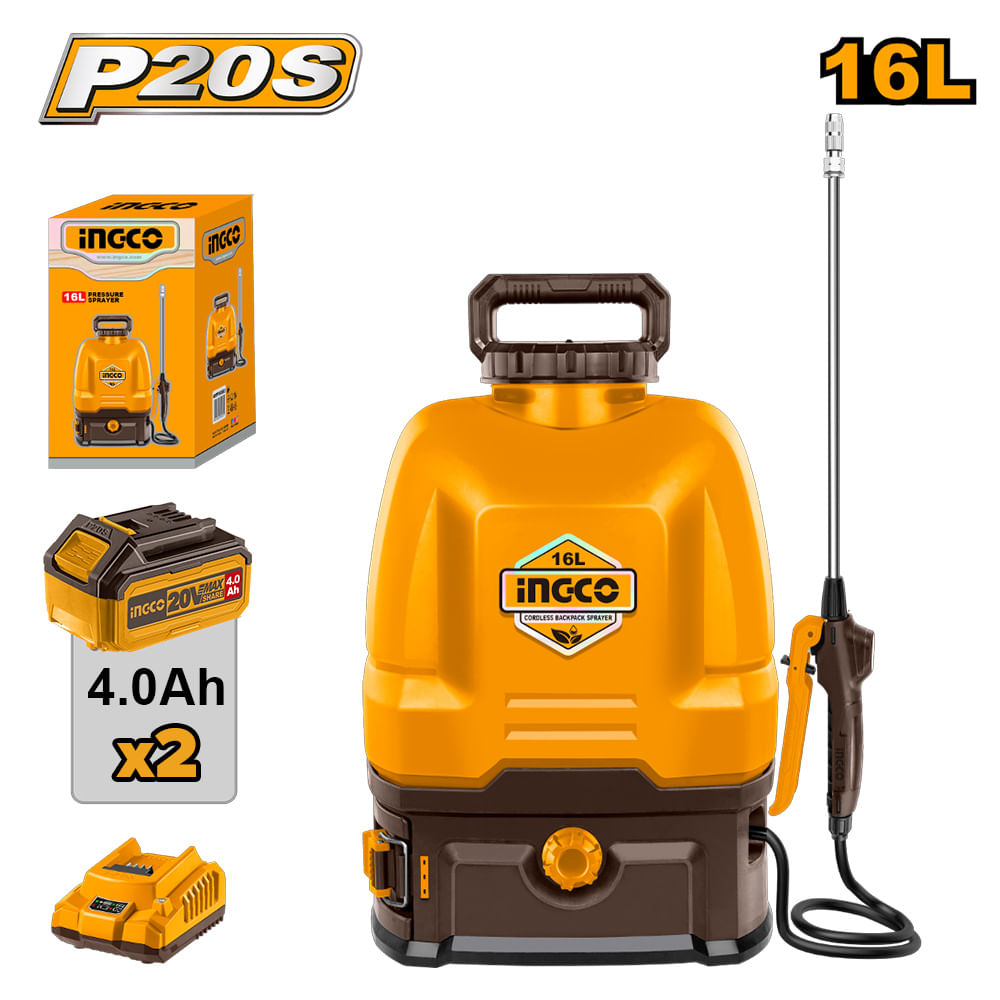 Mochila Pulverizadora Fumigadora Ingco 20V 16L con 2 Baterías 4.0AH con Cargador CSPLI201644