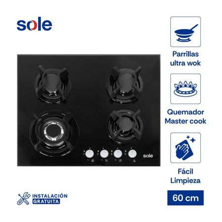 Cocina Encimera Vidrio Templado 60cm 4 Hornillas Sole SOLCO034 Negro