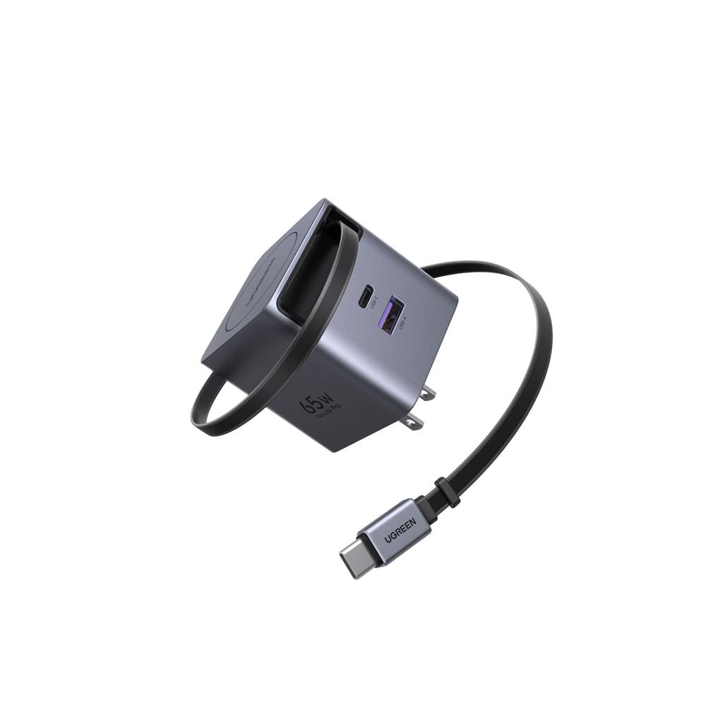Cargador Ugreen 65W Gan Con Cable Retractil USB-C Carga Rapida X615-65824 Gris