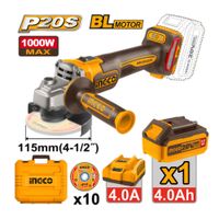 Amoladora Angular Brushless Ingco 20V 1000W 115MM con Batería 4.0AH y Cargador CAGLI271531