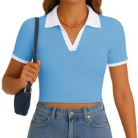 Polo Mujer Camisero Bicolor Manga Corta Rib Grueso New 710-13 Color Celeste