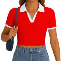 Polo Mujer Camisero Bicolor Manga Corta Rib Grueso New 710-13 Color Rojo