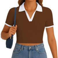 Polo Mujer Camisero Bicolor Manga Corta Rib Grueso New 710-13 Color Marron
