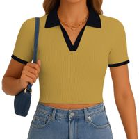 Polo Mujer Camisero Bicolor Manga Corta Rib Grueso New 710-13 Color Mostaza