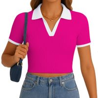 Polo Mujer Camisero Bicolor Manga Corta Rib Grueso New 710-13 Color Fucsia