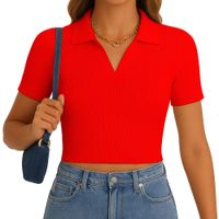 Polo Mujer Camisero Manga Corta New 710-13 Rib Grueso Color Rojo