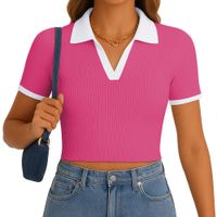 Polo Mujer Camisero Bicolor Manga Corta Rib Grueso New 710-13 Color Rosado