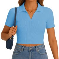 Polo Mujer Camisero Manga Corta New 710-13 Rib Grueso Color Celeste