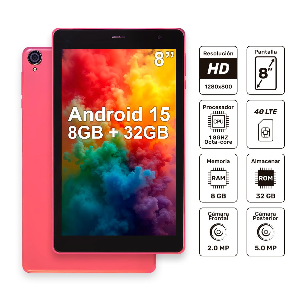 TABLET COLOR ROSADO 32GB DE ALMACENAMIENTO 8GB DE RAM 4G LTE CALLING MODELO M2M-3T