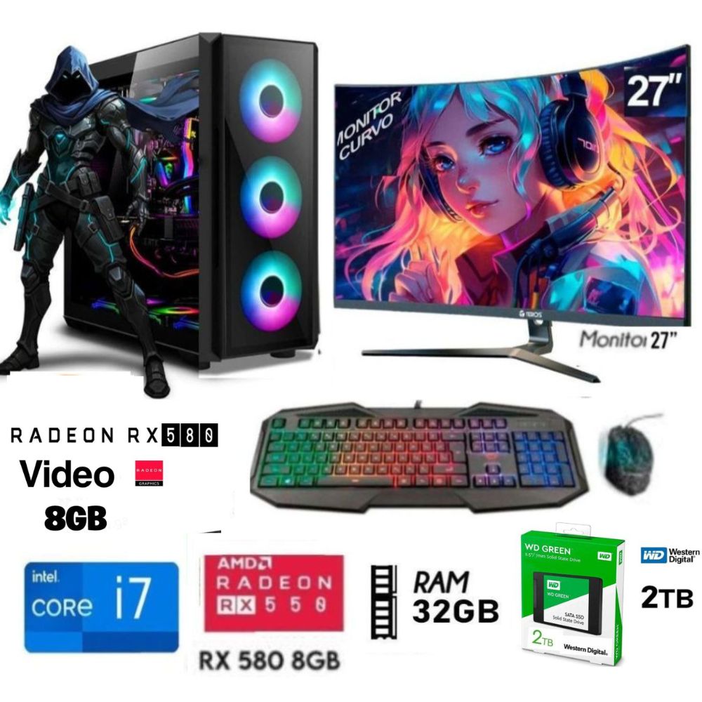 Computadora PC Gamer Core I7 Ram 32GB  DISCO SSD 2TB   -RX 580 8GB MONITOR 27