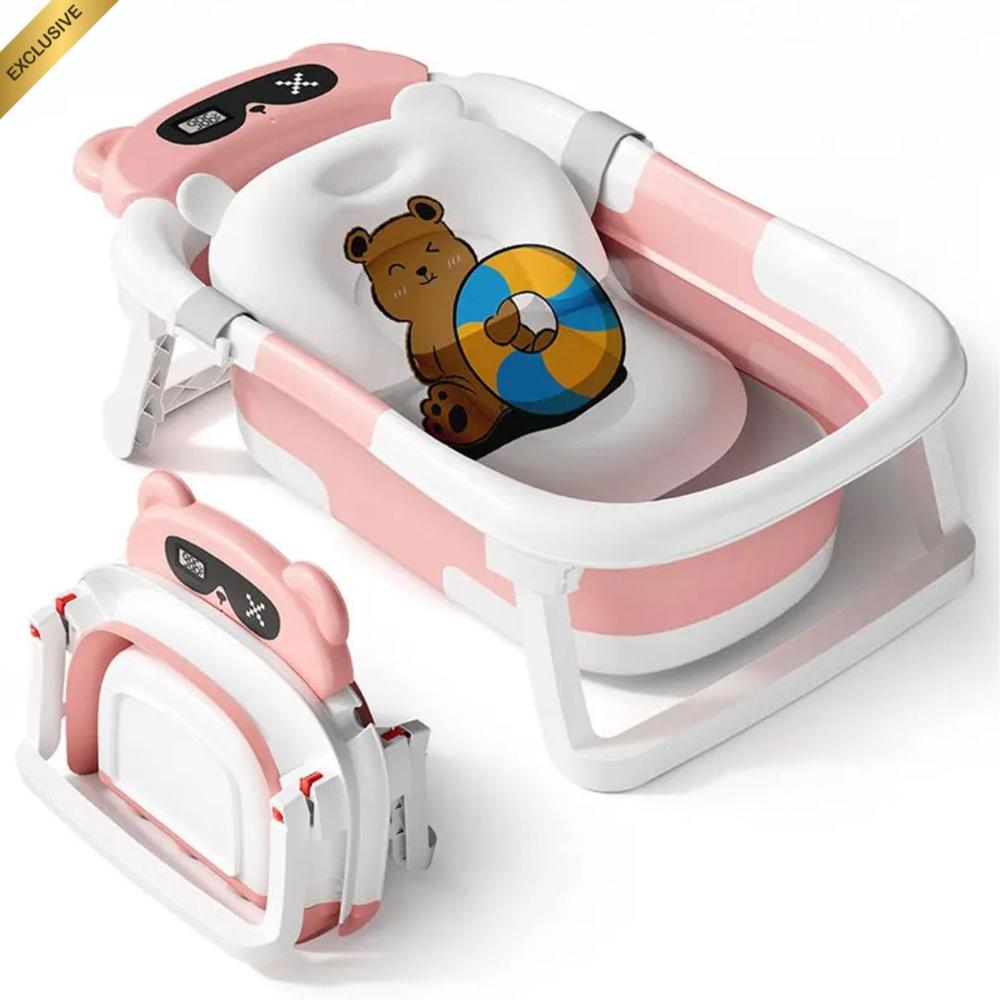 BAÑERA PORTATIL PARA BEBE CON TERMÓMETRO Y COJÍN EN COLOR ROSA