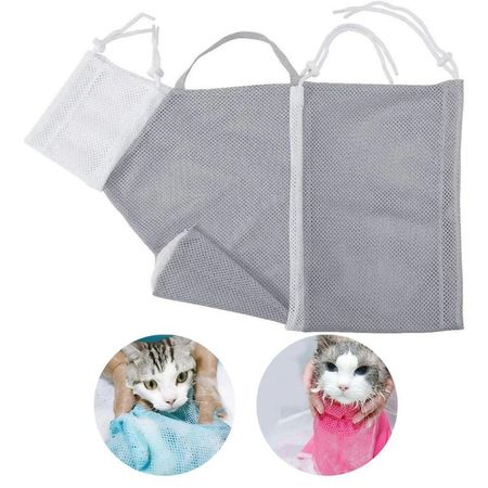 BOLSA DE ASEO DE MALLA PARA GATOS PLOMO CON BLANCO.