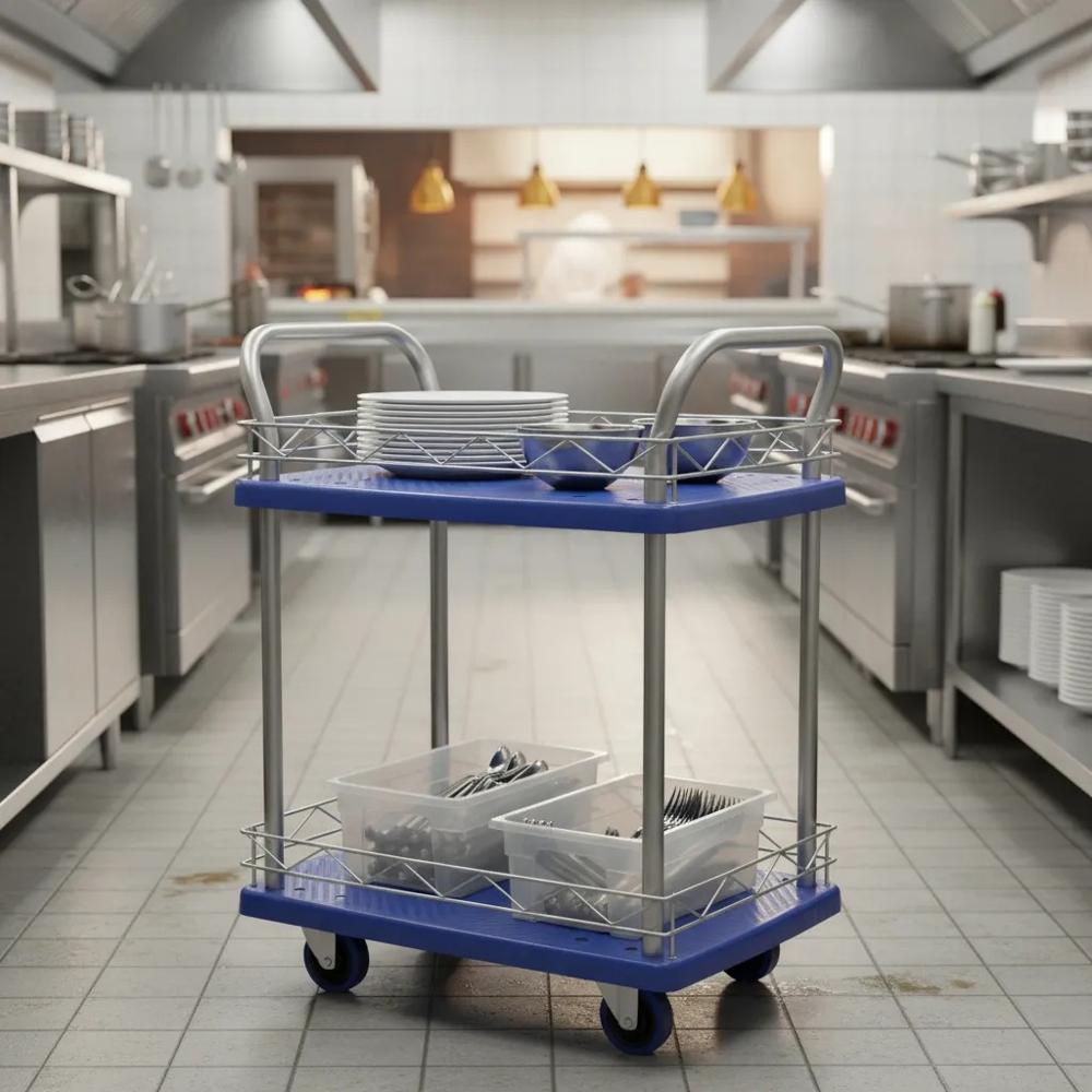Carrito de servicio multiuso doble nivel azul 200KG 50x70cm con 4 ruedas de goma base antideslizante
