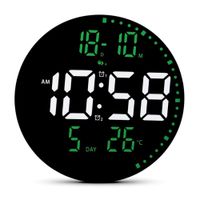 Reloj Digital LED Redondo 25 cm con Alarma, Fecha, Temperatura y Brillo Ajustable Verde LED-JH2560