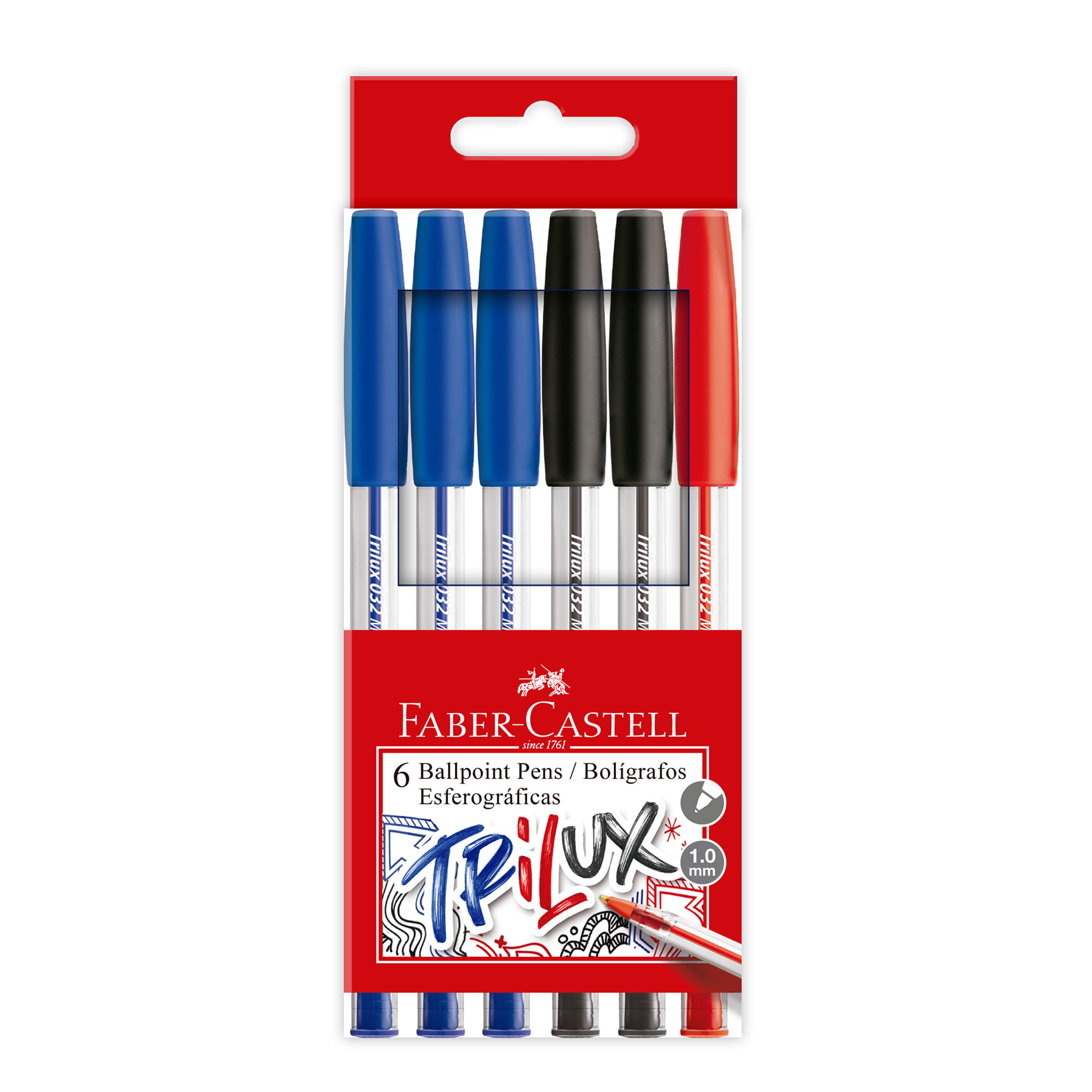 Lapiceros FABER CASTELL Trilux 3-Azul 2-Negro 1-Rojo Pack 6un