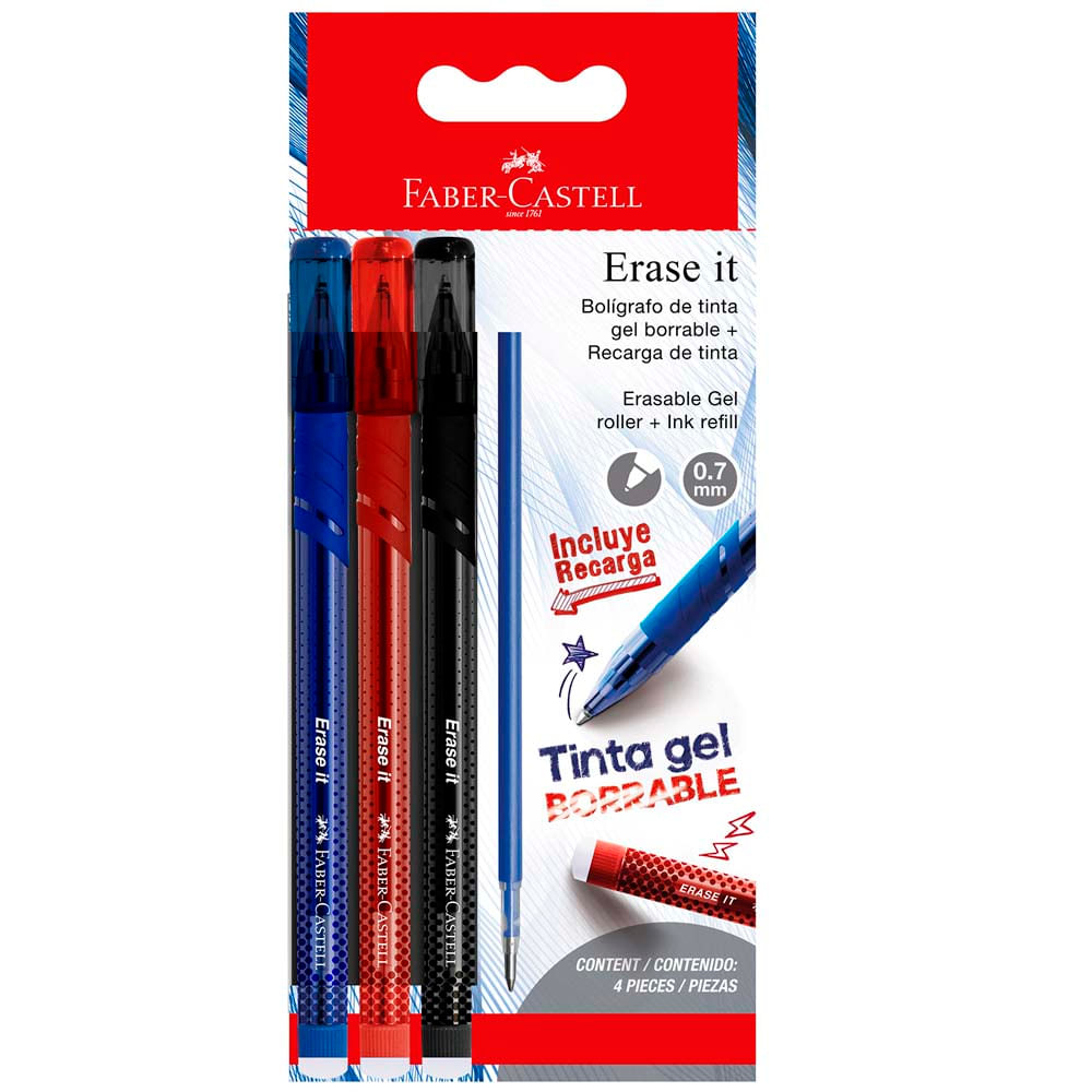 Lapiceros FABER CASTELL Tinta Gel Borrable Azul, Rojo y Negro + Refill 3un