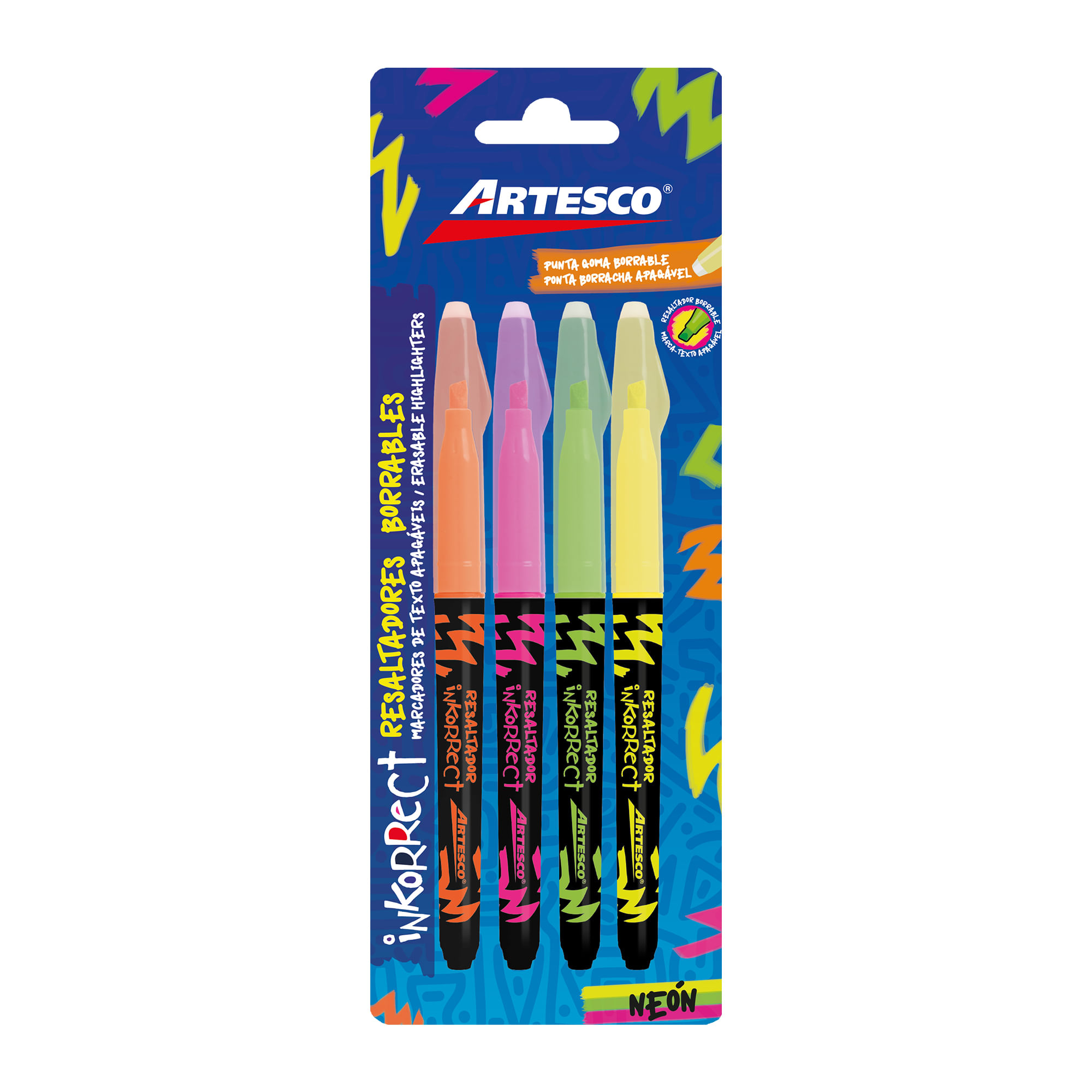 Resaltadores Borrables Neón ARTESCO Inkorrect 4un