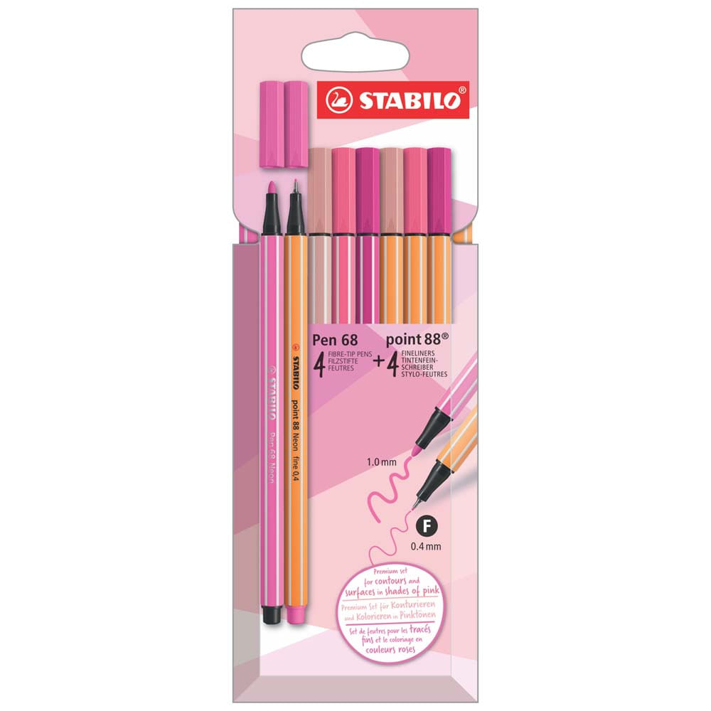 Pen STABILO 68 & Point 88 8Pcs Wit Pink