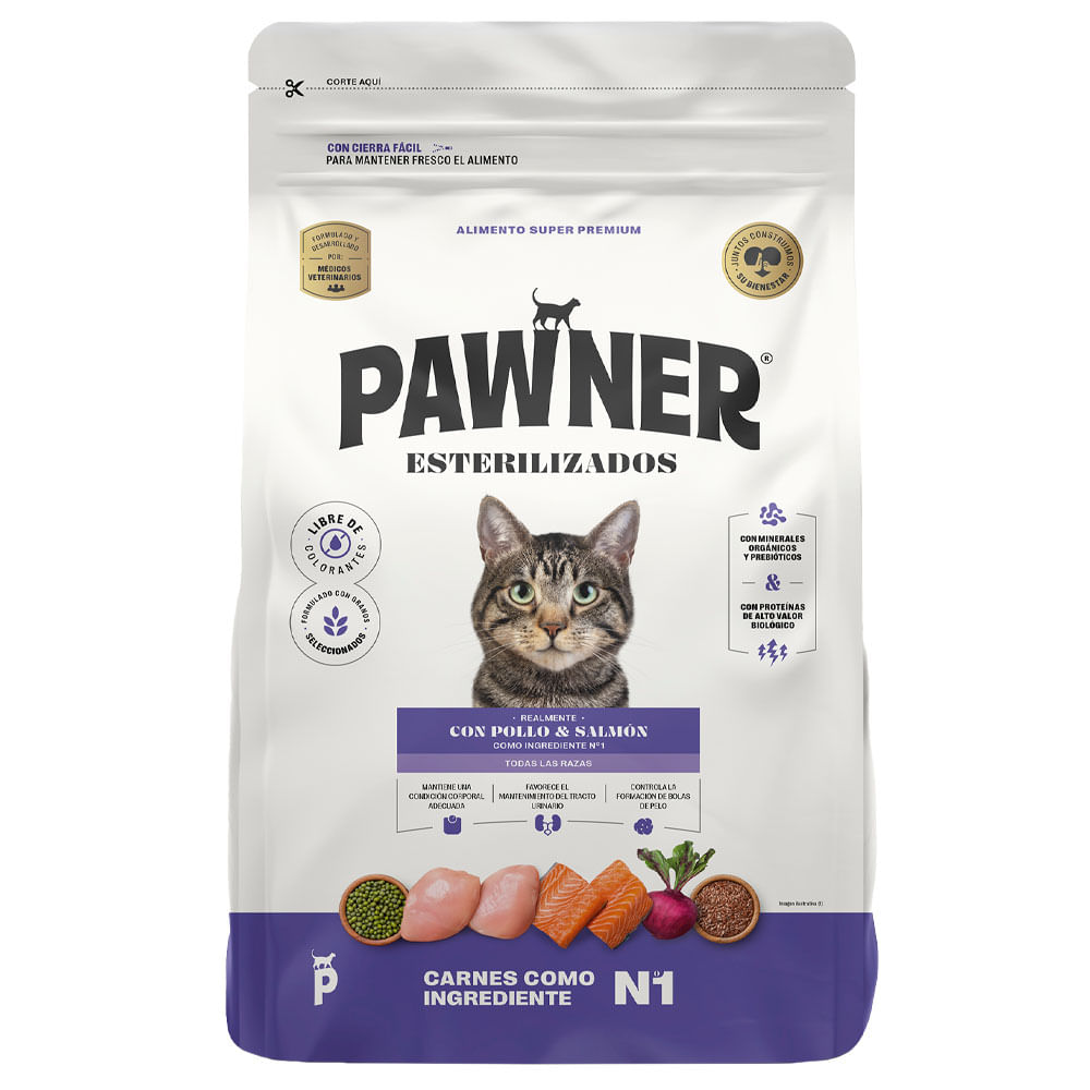 Comida para Gatos PAWNER Adultos Estirilizados Con Pollo y Salmón Bolsa 1Kg
