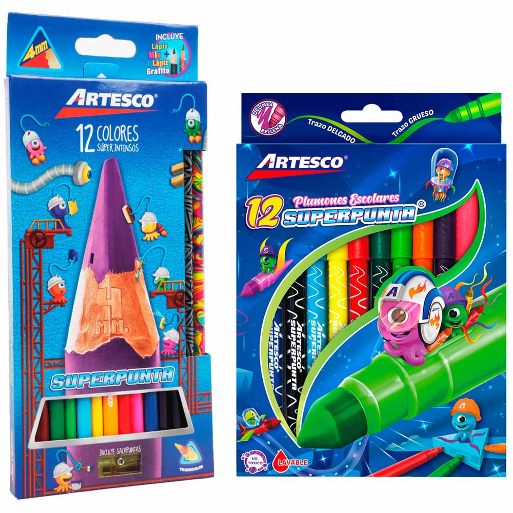 Pack ARTESCO Superpunta Colores 12un + Plumas 12un
