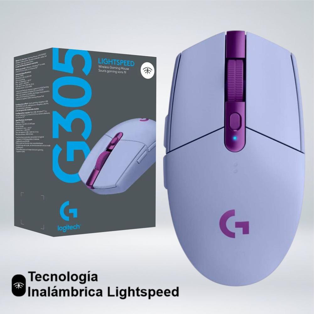 MOUSE GAMER LOGITECH G305 LIGHTSPEED SENSOR HERO 12K CON 6 BOTONES LILA