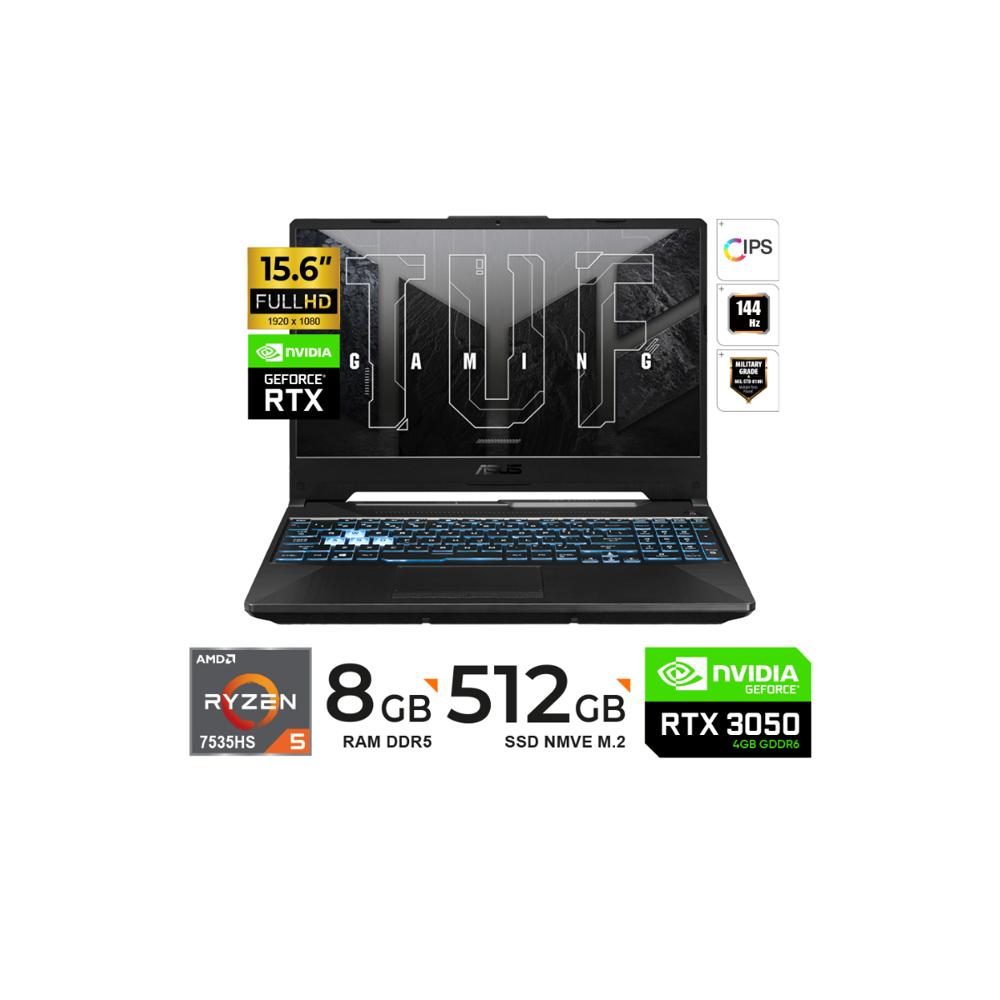 LAPTOP ASUS TUF Gaming A15 15.6 FHD 144Hz Ryzen 5 7535HS 8GB RAM 512GB SSD RTX 3050 4GB FreeDOS